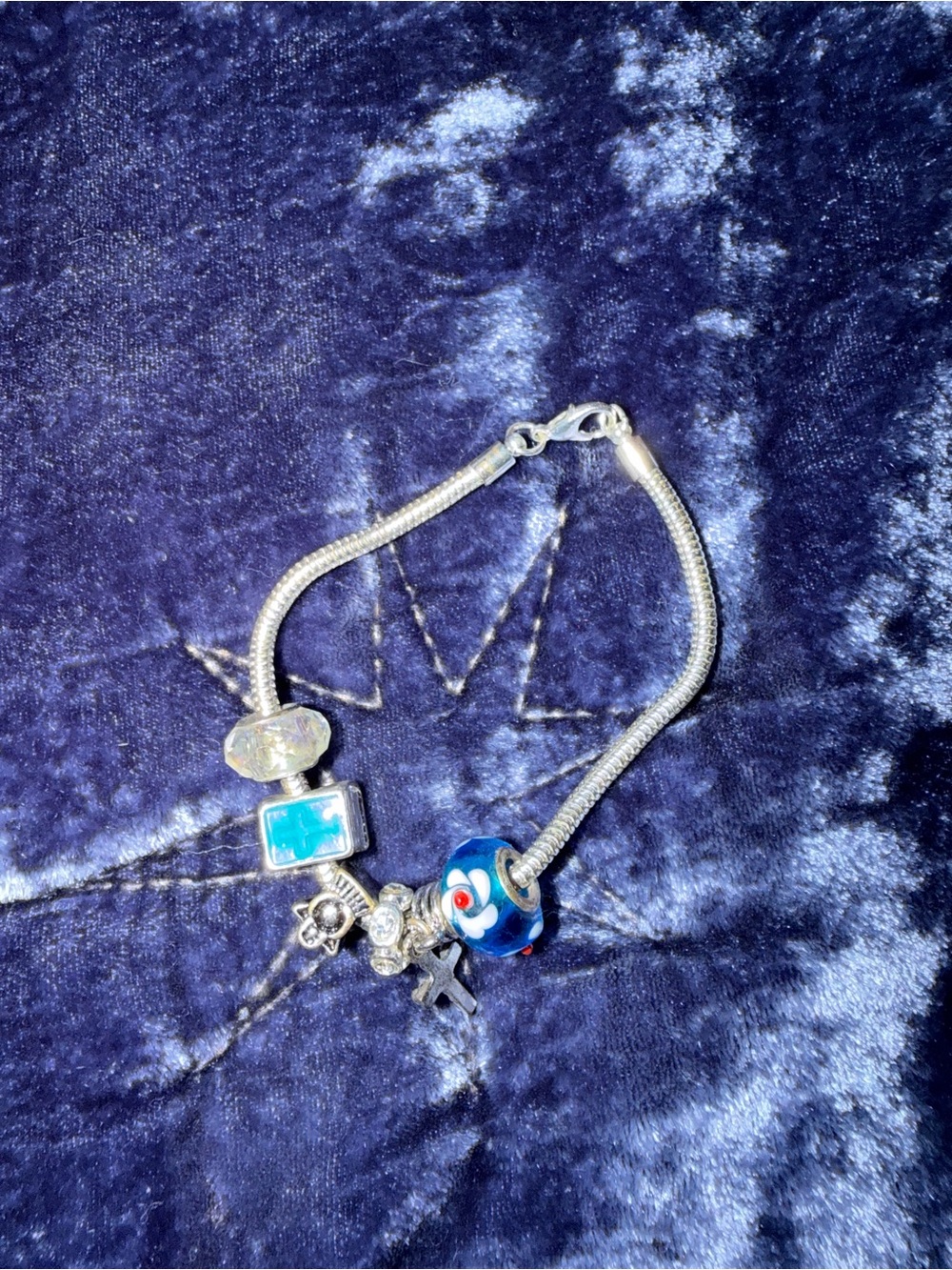 Sterling Silver Blue Glass Charm Bracelet